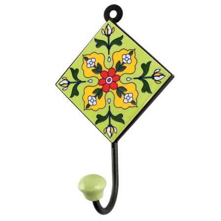 Ceramic Floral Tile Hook in Pea Green